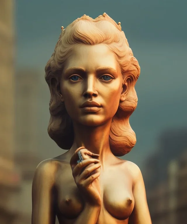 Statue of Queen of photography. Cute blonde woman. Photographer in golden crown. Standing on the street. Big camera in her hand. hyperdetailed, photorealistic, trending on artstation, greg rutkowski, beksinski, kodachrome