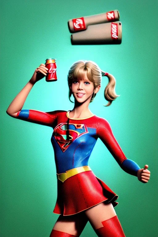 portrait, teenager, Jane Fonda, make-up, happy, coca-cola drinking, Realistic image, 60s, supergirl, tights minimal dress, sweat, Color background, photo studio, concept art, smooth, unreal engine 5, god lights, ray tracing, RTX, lumen lighting, ultra detail, volumetric lighting, 3d, finely drawn, high definition, 4k.