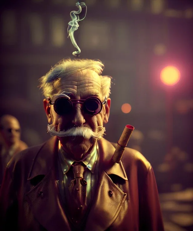 Surreal, steampunk, cabaret scene. old man. Sunglasses, rain, smoking, happy, hot, people background, highly detailed, concept art, unreal engine 5, god rays, ray tracing, RTX, lumen lighting, ultra detail, volumetric lighting, 3d, finely drawn, high definition, high resolution.