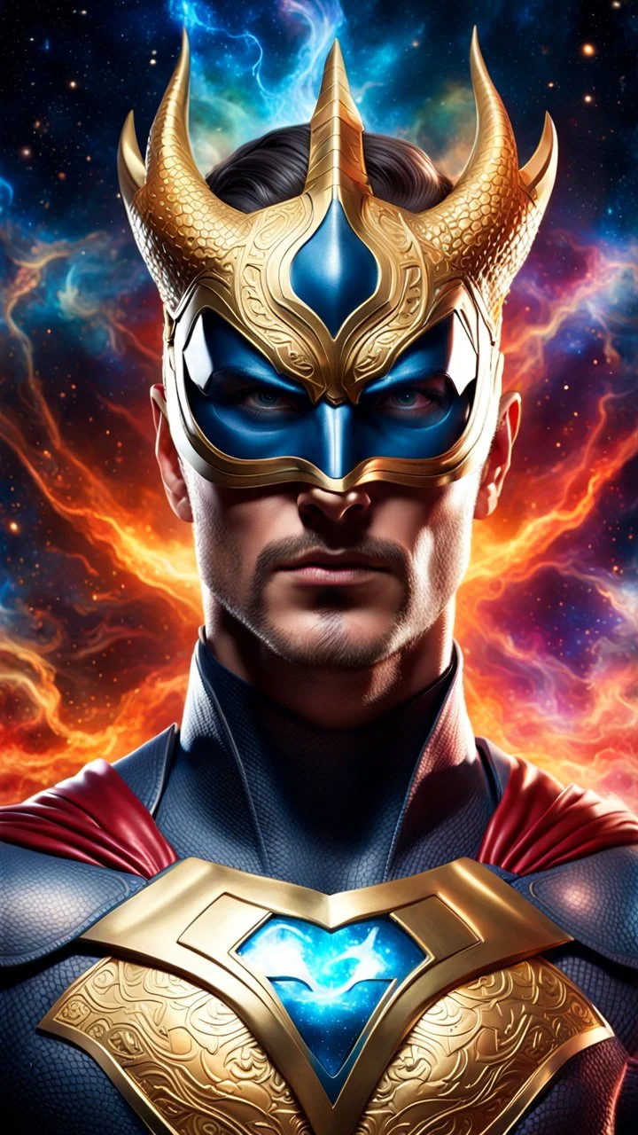 Full body ultra realistic photo of superhero man with stylized dragon mask over his eyes and forehead cosmic energy, colorful, painting burst, beautiful symmetrical face, nonchalant kind look, realistic round eyes, tone mapped, intricate, elegant, highly detailed, digital painting, artstation, concept art, smooth, sharp focus, illustration, dreamy magical atmosphere, full body