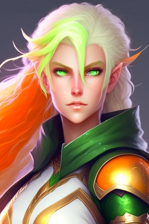 fantasy setting, woman ranger with orange and white hair, pastel green eyes, kind, soft facial traits