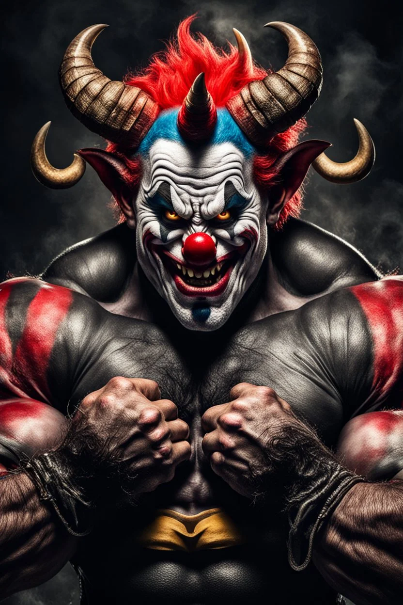 big demon, horns and big arms, wit a clown face painted, terroriffic