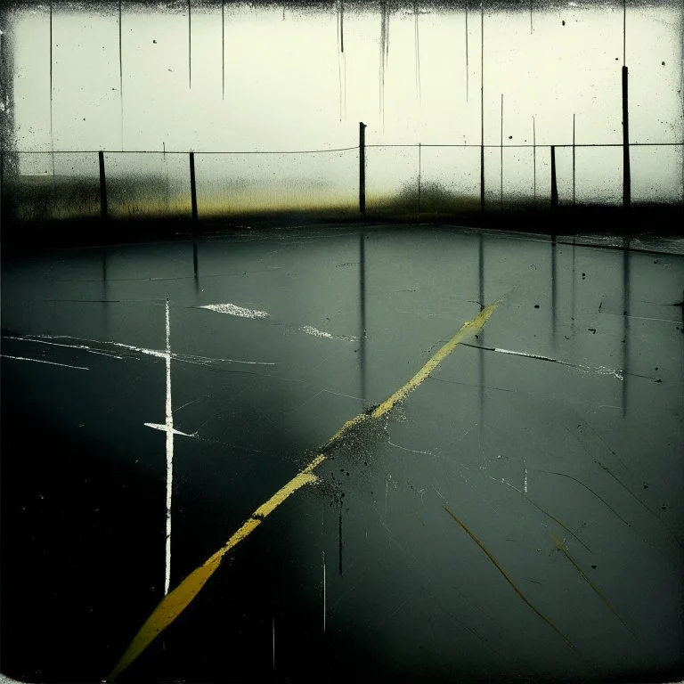 Minimal abstract oil paintings desolate 1960s carpark concrete fragments in a rain storm. style of Justin Mortimer and Francis Bacon. road markings.