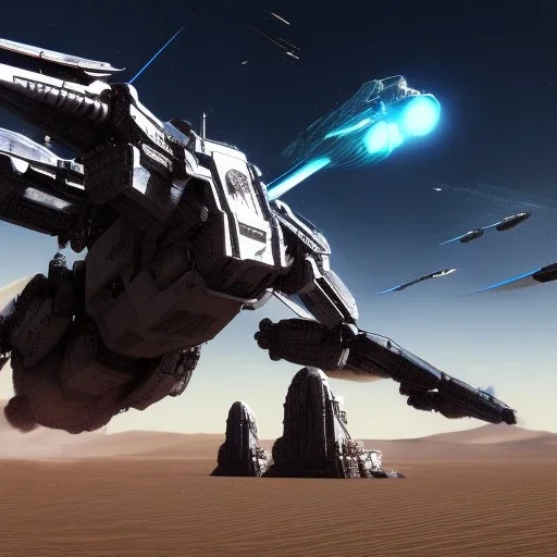 Armored Core machine robot fights another Armored Core fly in the sky in the desert with the ocean where you can see the space in the sky with the night on the horizon, 4k resolution