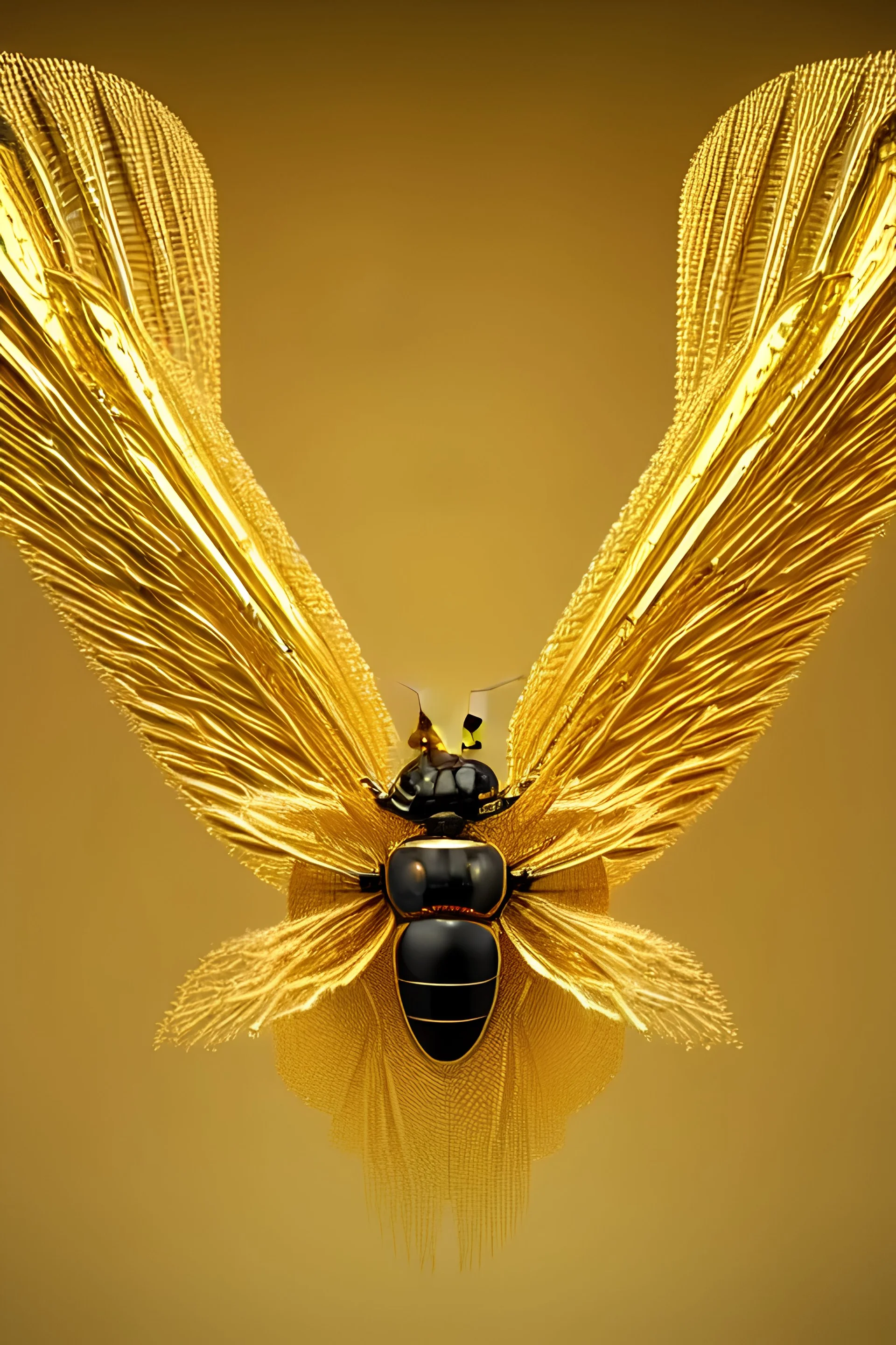 Symétrie!! Portrait d'une mouche avec des ailes en or pur, décor futuriste et moderne, angle parfait, reflets discrets, majestueux, royal, magnifique, photo réaliste, très détaillé, très intriqué, 8k, hdr, cinema 4d, unreal engine, rendu octane