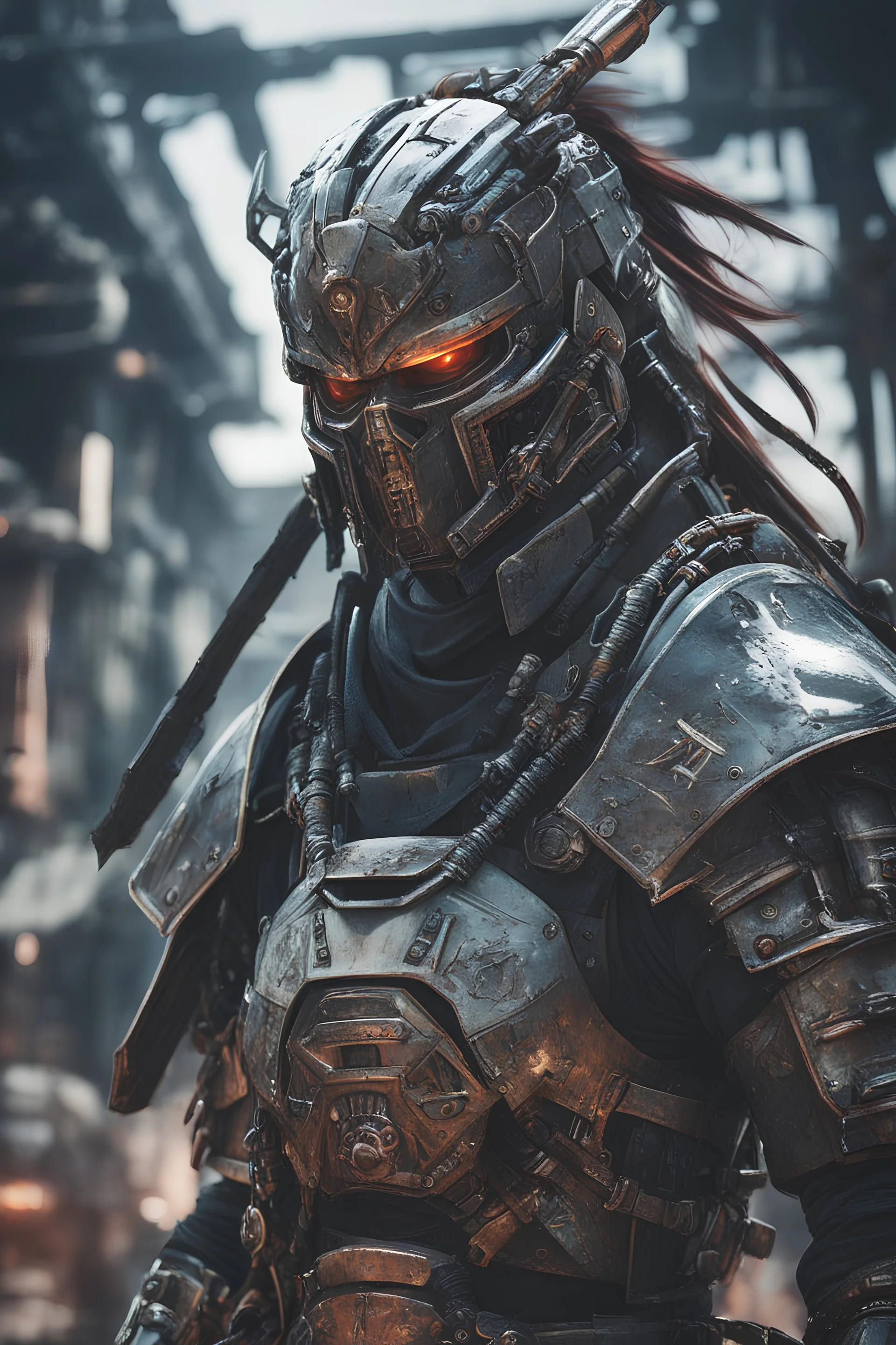 Close image of Anime depiction of a cybernetic samurai in a post-apocalyptic setting, focusing on the intricacies of the armor and weaponry, 8k realistic