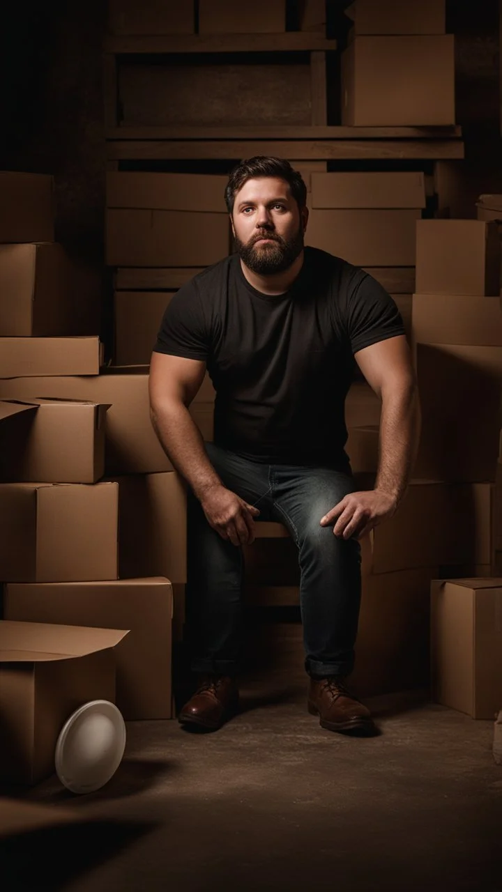 full figure photography of a shy burly chubby muscular 28 year old sicilian man with short beard white t-shirt, in a dark cellar full of cardboard boxes and old objects , look at camera, shy eyes, hyper realistic, Cinematic, 35mm lens, f/1.8, side light, dim lights, ambient occlusion , frontal view from the ground