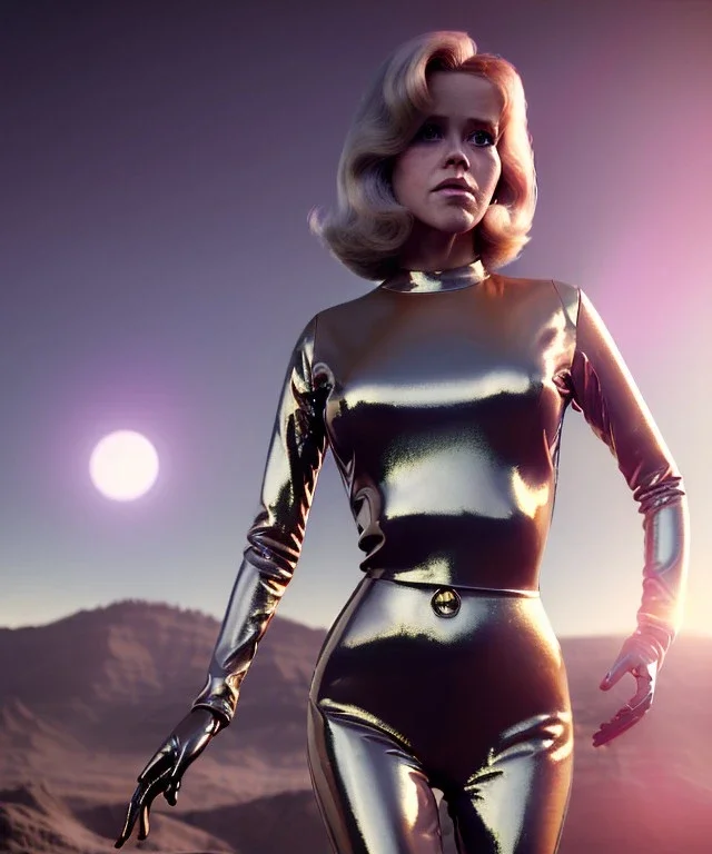 Ultra Realistic retro sci-fi image from 1960, spaceship, sweet young Jane Fonda, dress with tight latex suit, Retro sci-fi weapon, soft color, highly detailed, unreal engine 5, ray tracing, RTX, lumen lighting, ultra detail, volumetric lighting, 3d, finely drawn, high definition, high resolution.