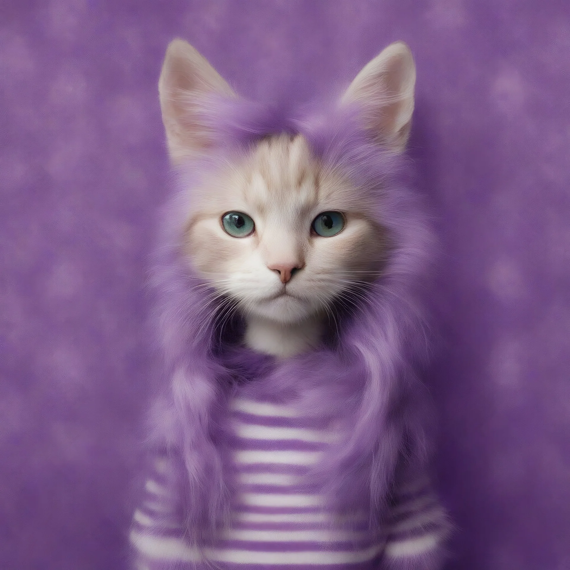 Hello kittie, Hippie girl, purple fur, striped wallpaper, whimsical
