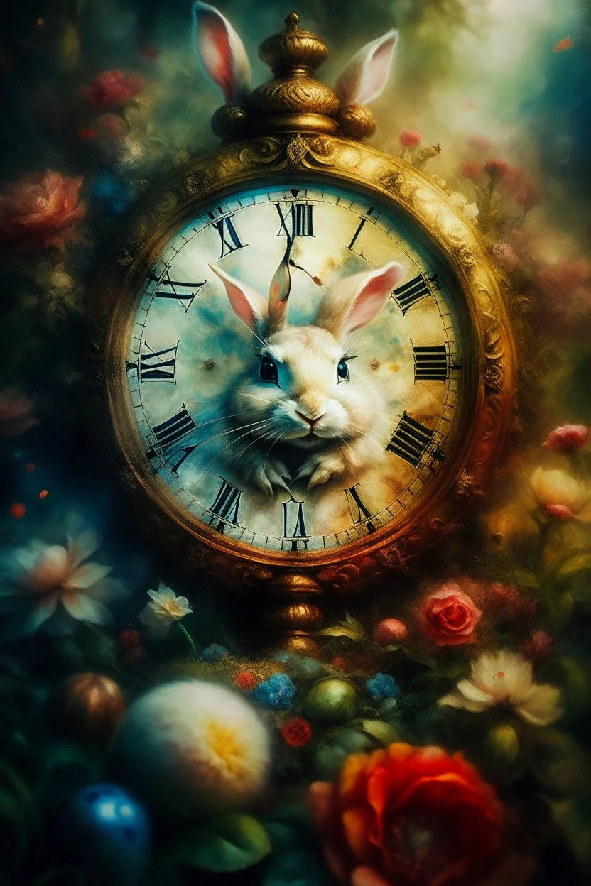 The fairy tale "Alice in Wonderland", a rabbit with a clock hurries among the bushes of vintage roses Oil on silk, work of art, hyperdetalization, professionally, filigree, misty haze,surrealism, transparent, delicate pastel tones, backlight, grunge style, three-dimensional watercolor, aesthetically pleasing, beautiful, realistic, high resolution, high detail, ISO 100 photosensitivity and aperture f/2.8, 1/250 with a 30 mm lens, 32 KB