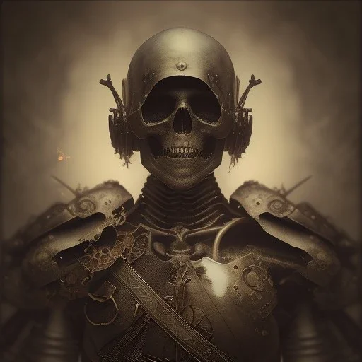 skeleton warrior holding a sword in his hands, steam punk, realistic, made in octane, cinematic, ultra-realistic, extremely detailed octane rendering, 8K, VRAY Super Real ar 2:3, dof photorealistic futuristic 50mm lens hard lighting dark gray tintype photograph, realistic lighting, sepia color