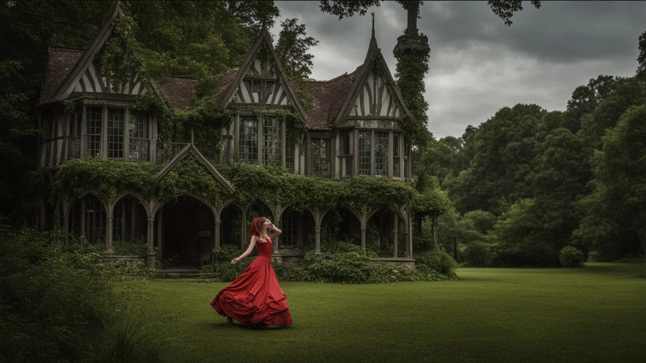 slim nymph dancing in a woodland clearing, with a gothic woodland house behind her.