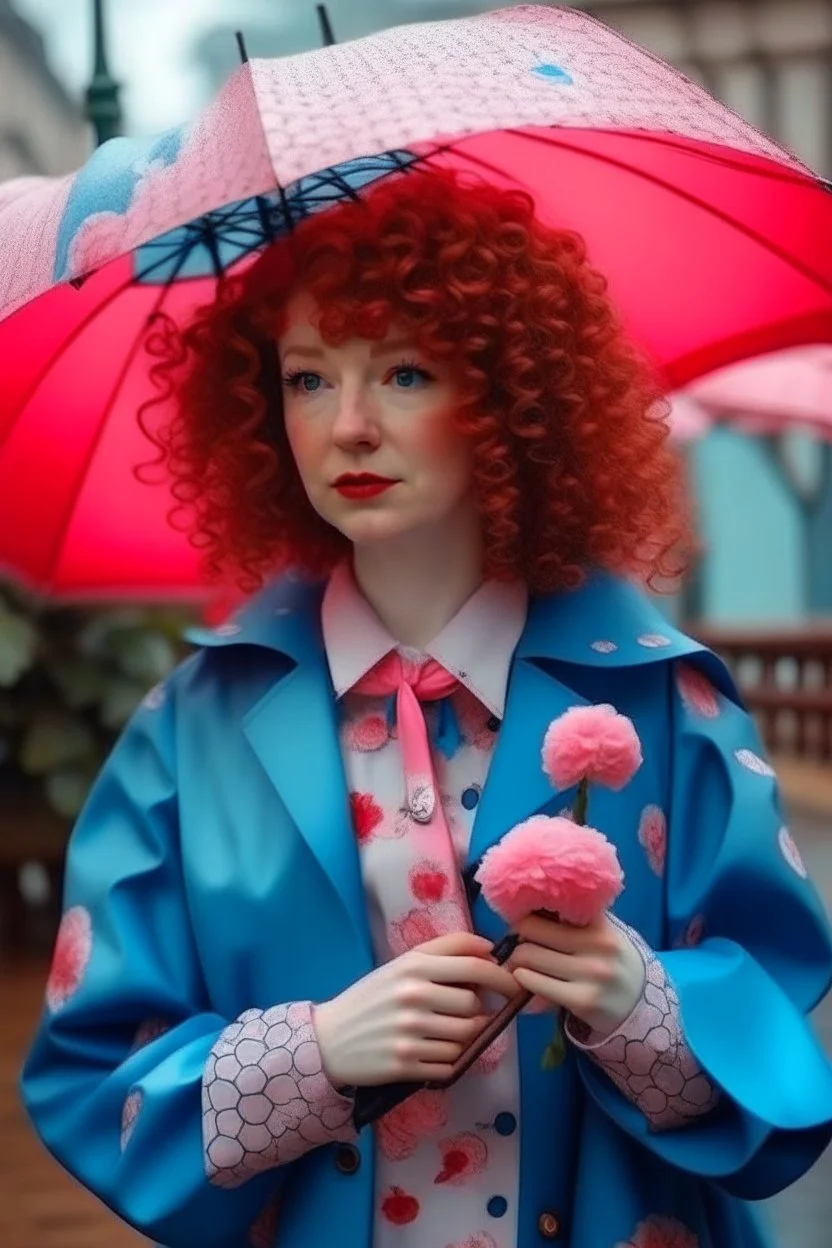 kind sailor, red curly hair, long jacket, pink-azure clothes, pink-azure cocked hat, white floral pattern on the jacket, flower in the hair. Pink and blue umbrella.