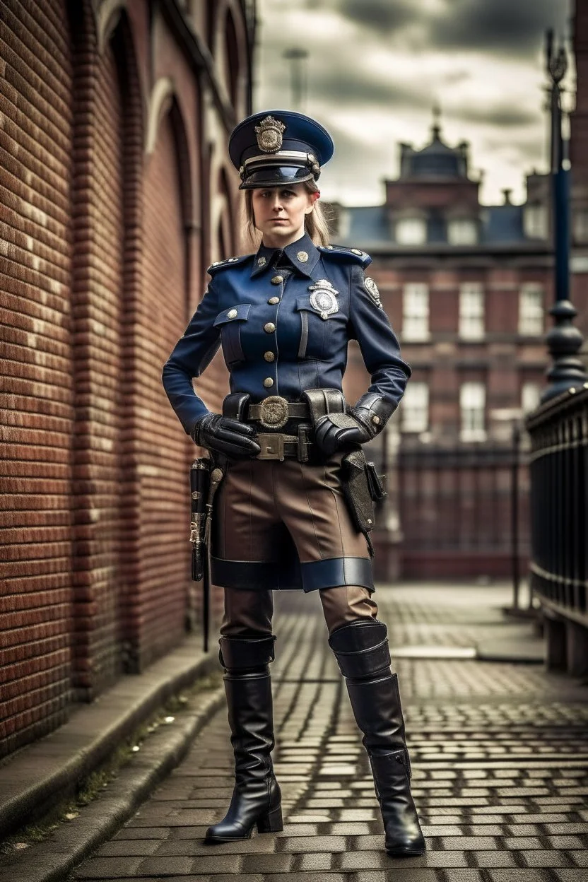 full body picture of a UK policewoman, steampunk city background