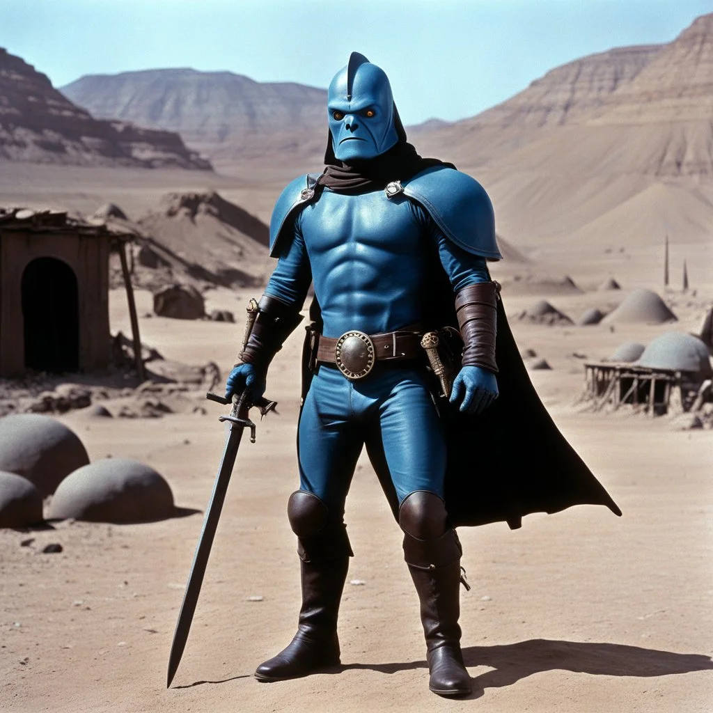 [high res photo of a movie by Ray Harryhausen] confident Hullabaloo Higitus Figitus Fantomas the blue alienin as a Wasteland Warrior, in leather outfit, he has incredible weapons