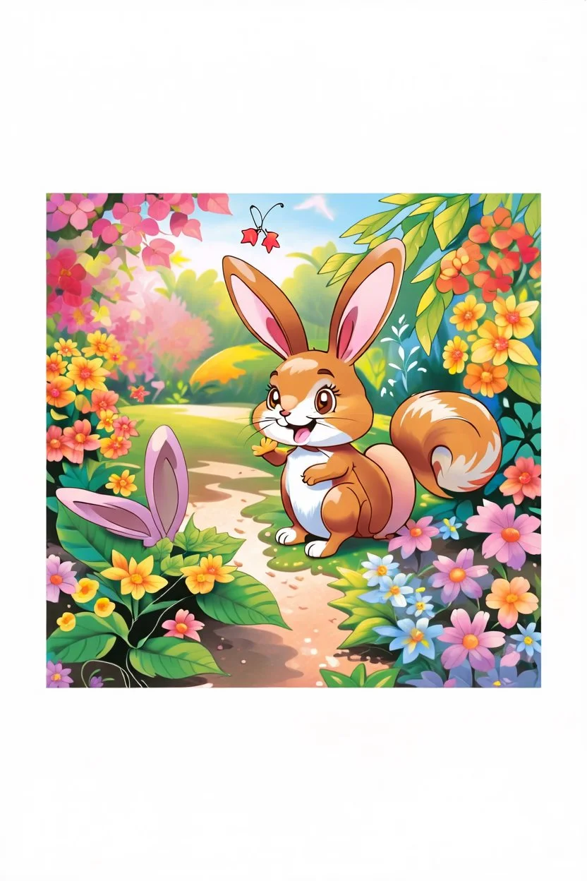 The beautiful butterfly happily sits on a upclose patch of bright green leaves, the bunny and squirrel laughing, colorful garden background , child book illustration style, faces must be the same as reference image