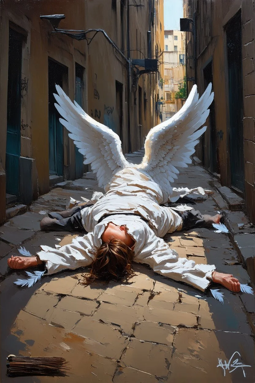 Abstract expressionism oil painting of an Urban alley grunge scene, fallen angel laying on ground in ripped robes, white stained wings, feathers misplaced, slight glowing, but broken halo. Dirty walls, graffiti in Latin, oil on the ground. Harsh shadows and goth undertones. areal view looking down , messy brush strokes, close up