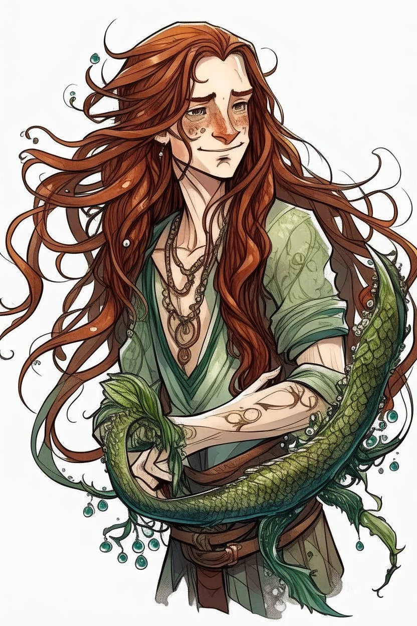 scaly wet pirate nereid male with seaweed in long auburn hair