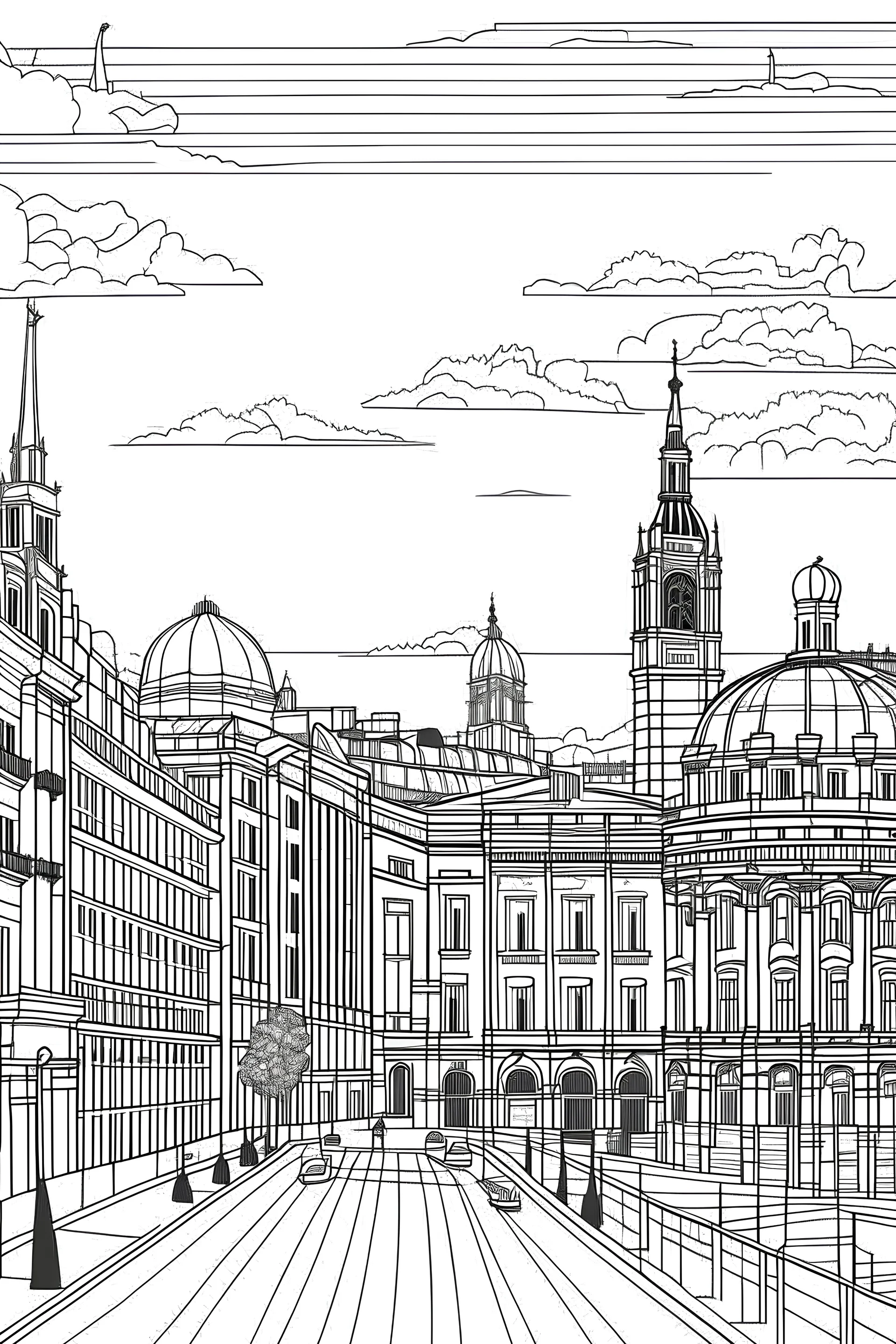 City Madrid, line drawing 2d, with famous monuments