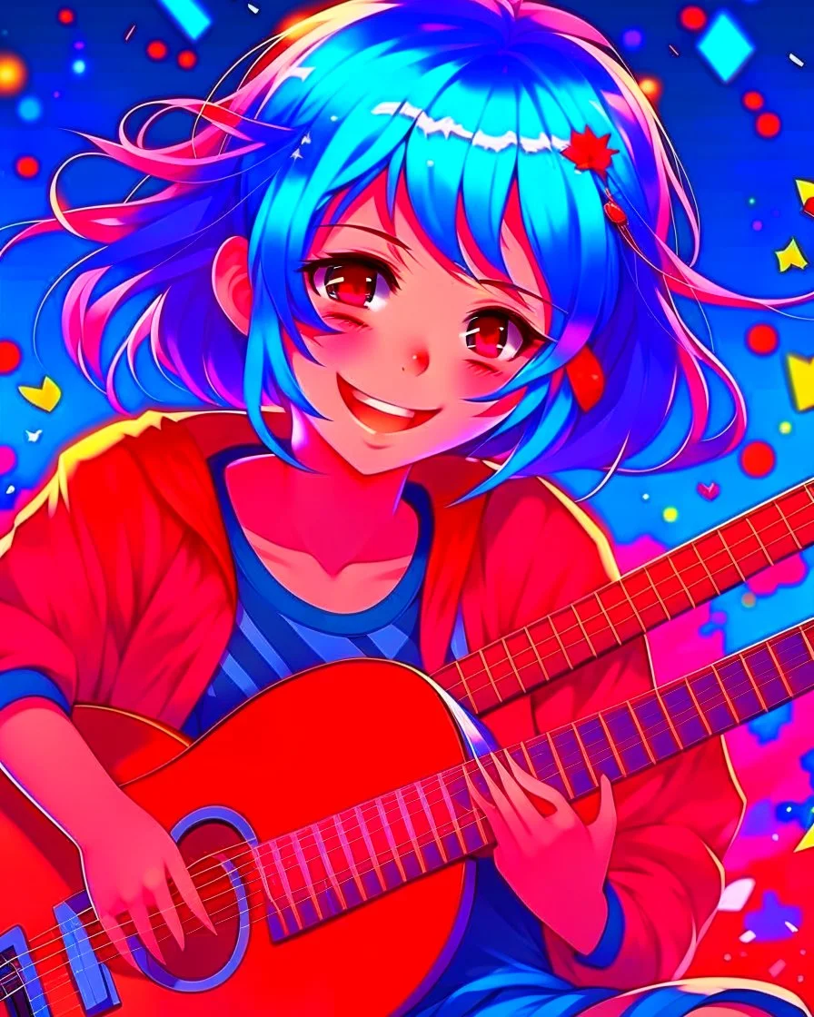 Art style Anime manga, Girl with blue hair playing a red magic guitar, several musical notes behind her, light red eye color, wears casual clothes but involves music, She smiles while playing with one of her eyes closed