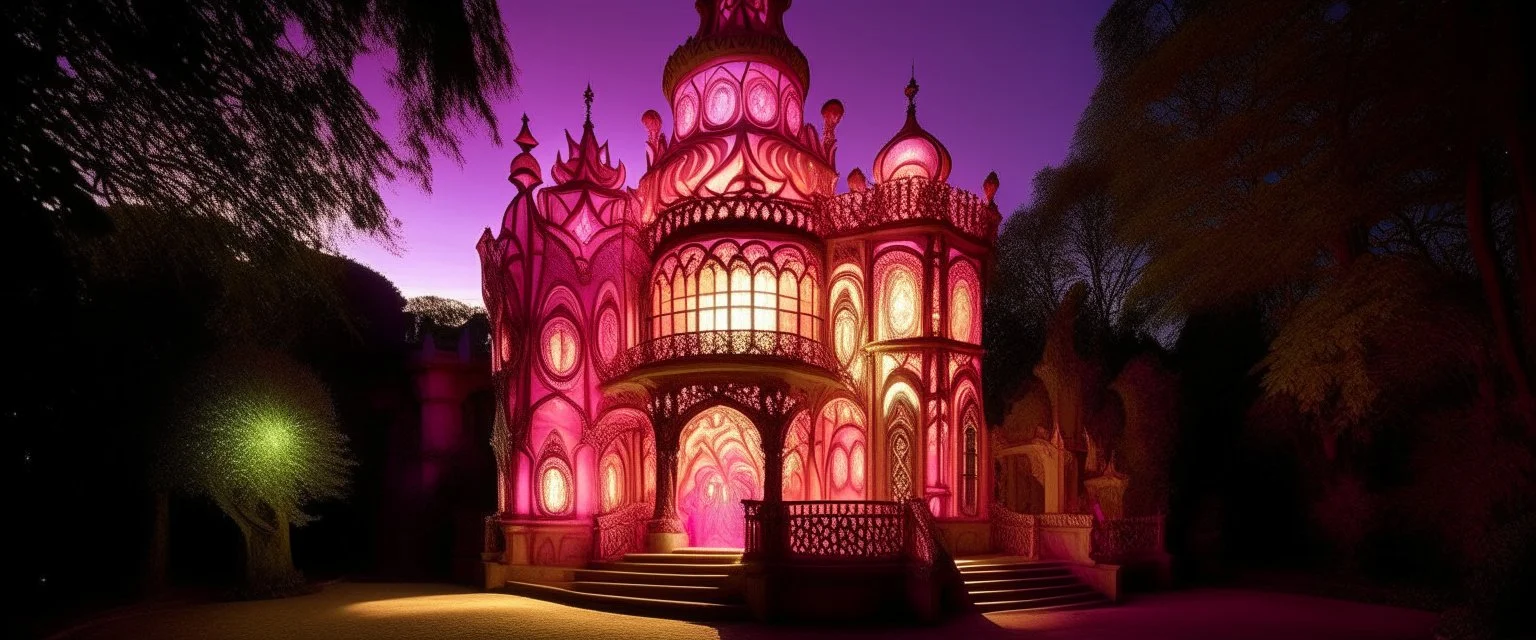 A pink glowing light realm with a palace designed in Mayan architecture painted by Antoni Gaudi