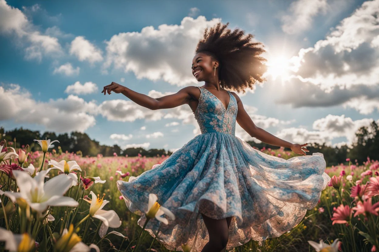 The camera zooms in, focusing sharply on young black girl Lily wearing pretty dress as she dances gracefully in the same romantic environment with flowers and sky with nice clouds. Her joy and youth are presented against the backdrop of the surreal surroundings.