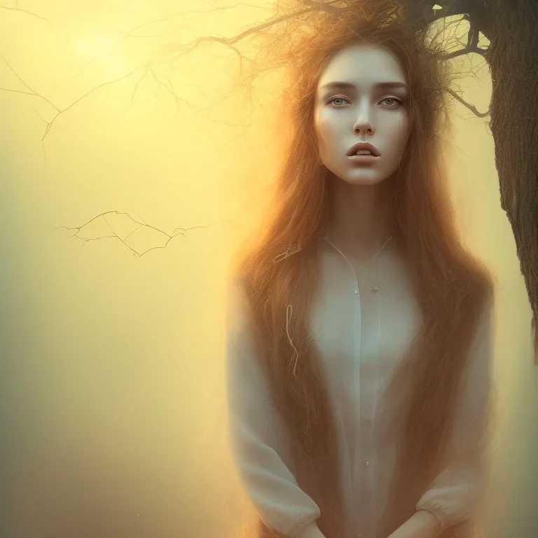 portrait photography of ethereal beauty, 8K, oak tree roots, a woman's head, a sunny atmosphere, misty smoke