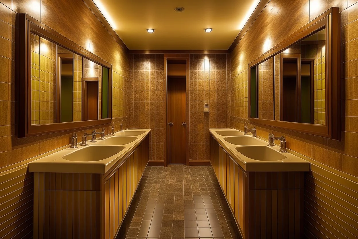 Pictures of a group of bathrooms in Mathaf Restaurant. The walls and floors are brown in shades, the sinks are on one wall, and the toilet doors are opposite the sinks.