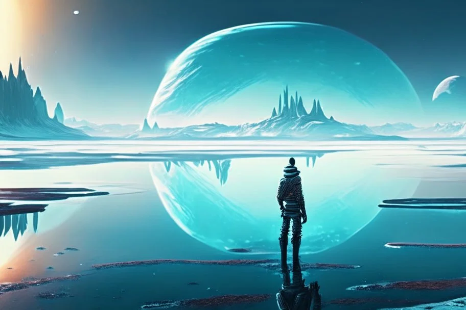 alien landscape with person seeing a grey exoplanet in the horizon, lagoon reflection, ice blocks, sci-fi, concept art, cinematic, very epic