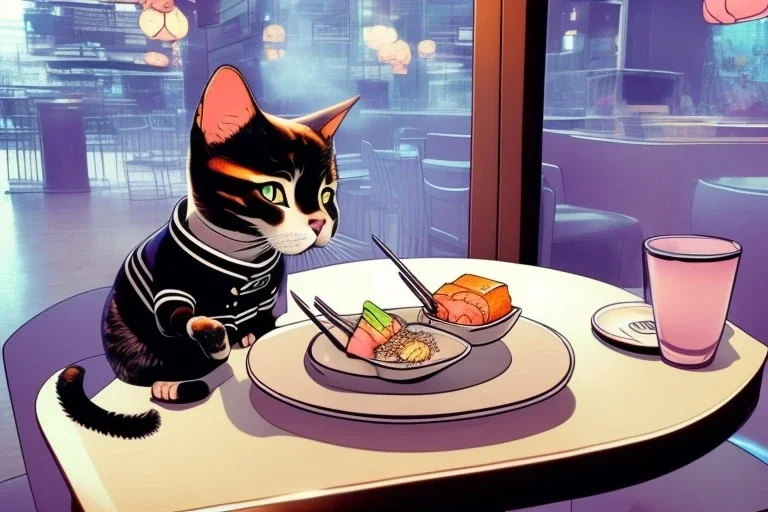 A cat wearing clothes is sitting at a table eating sushi. Manga style. Perfect iris. Paws