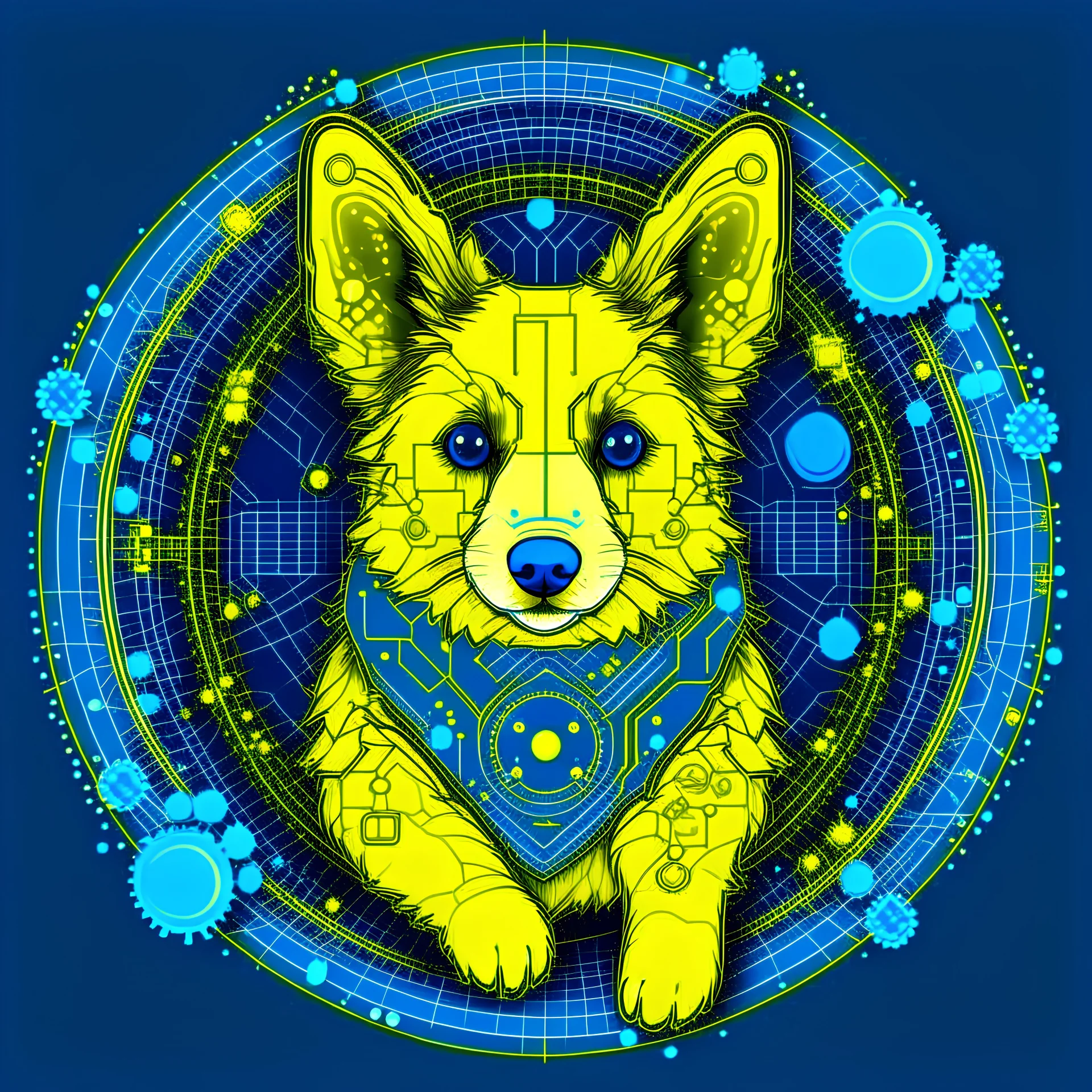 Blue and yellow circle logo of a cute corgi dog made of circuit board traces, fingerprint and neural network superimposed behind