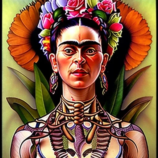 A beautiful portrait of Frida Kahlo by alphonse mucha, japanese tatoos, 4k, high details