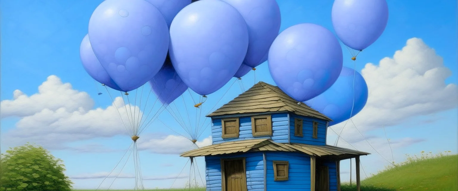 A pale periwinkle observatory with balloons painted by Frank Wilson