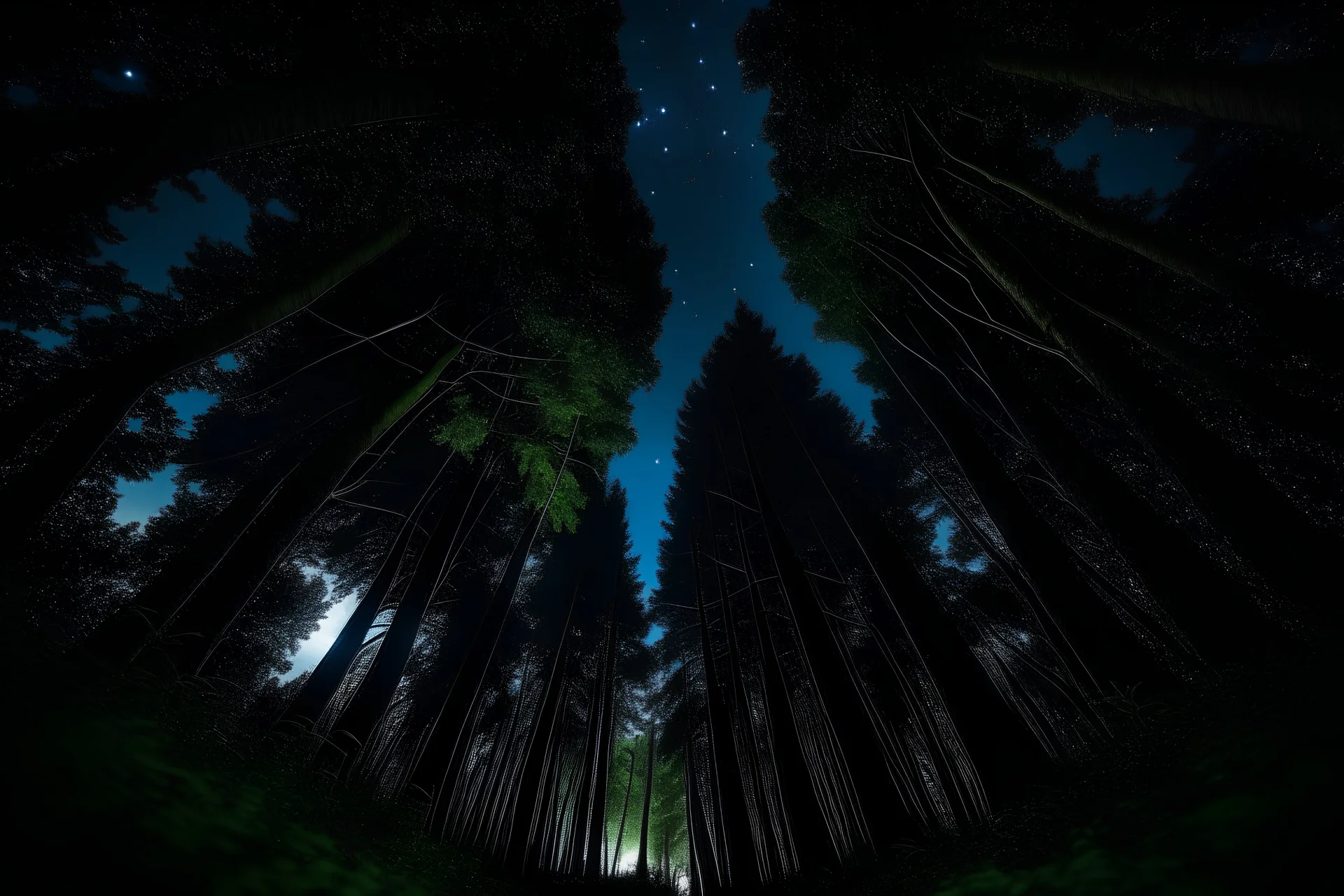 in the perspective of being in the forest with a glimpse of the dark blue night sky but looking straight into the forest.