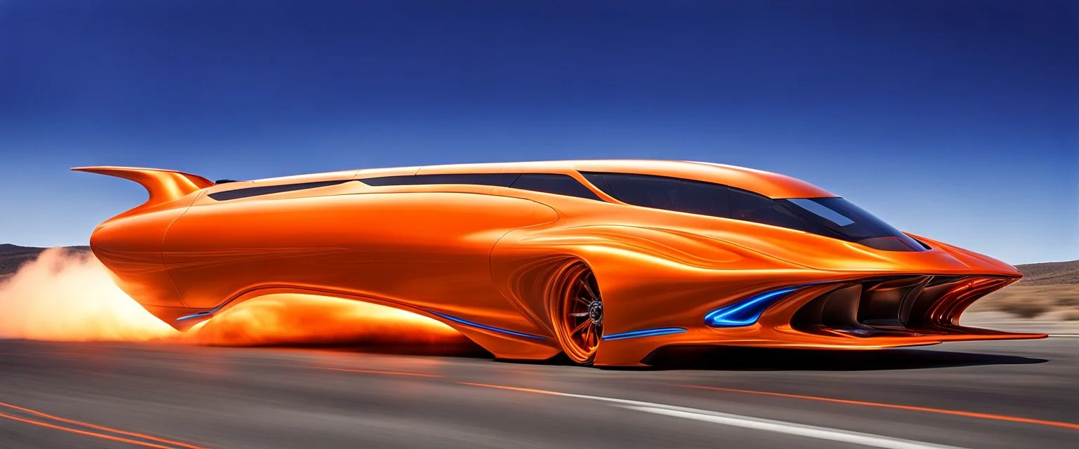 award winning car and driver photograph of a futuristic station wagon designed by only one vehicle per image painted metallic orange traveling at a high rate of speed, jet intake off of front center of vehicle and jet exhaust out the rear with bright blue flame, bilaterally symetrical, more a high speed road vehicle