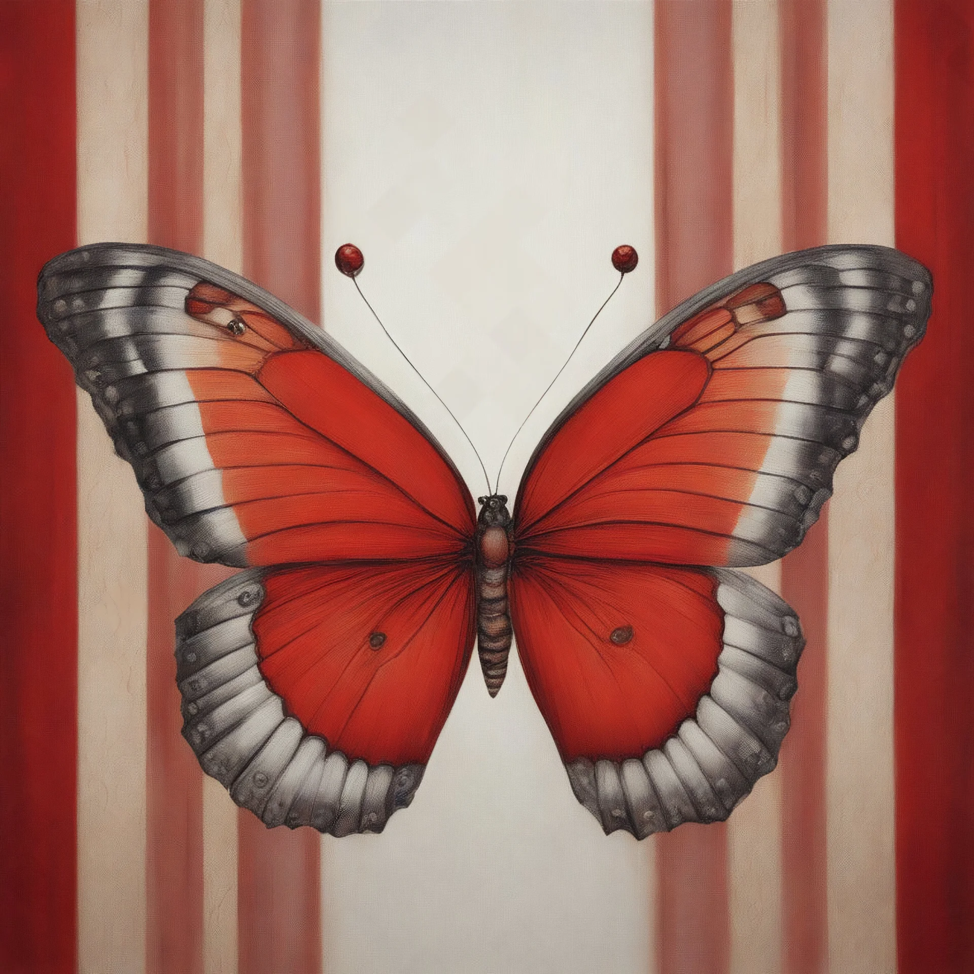 A butterfly, red, in the style of Margaret Keane, red curtain
