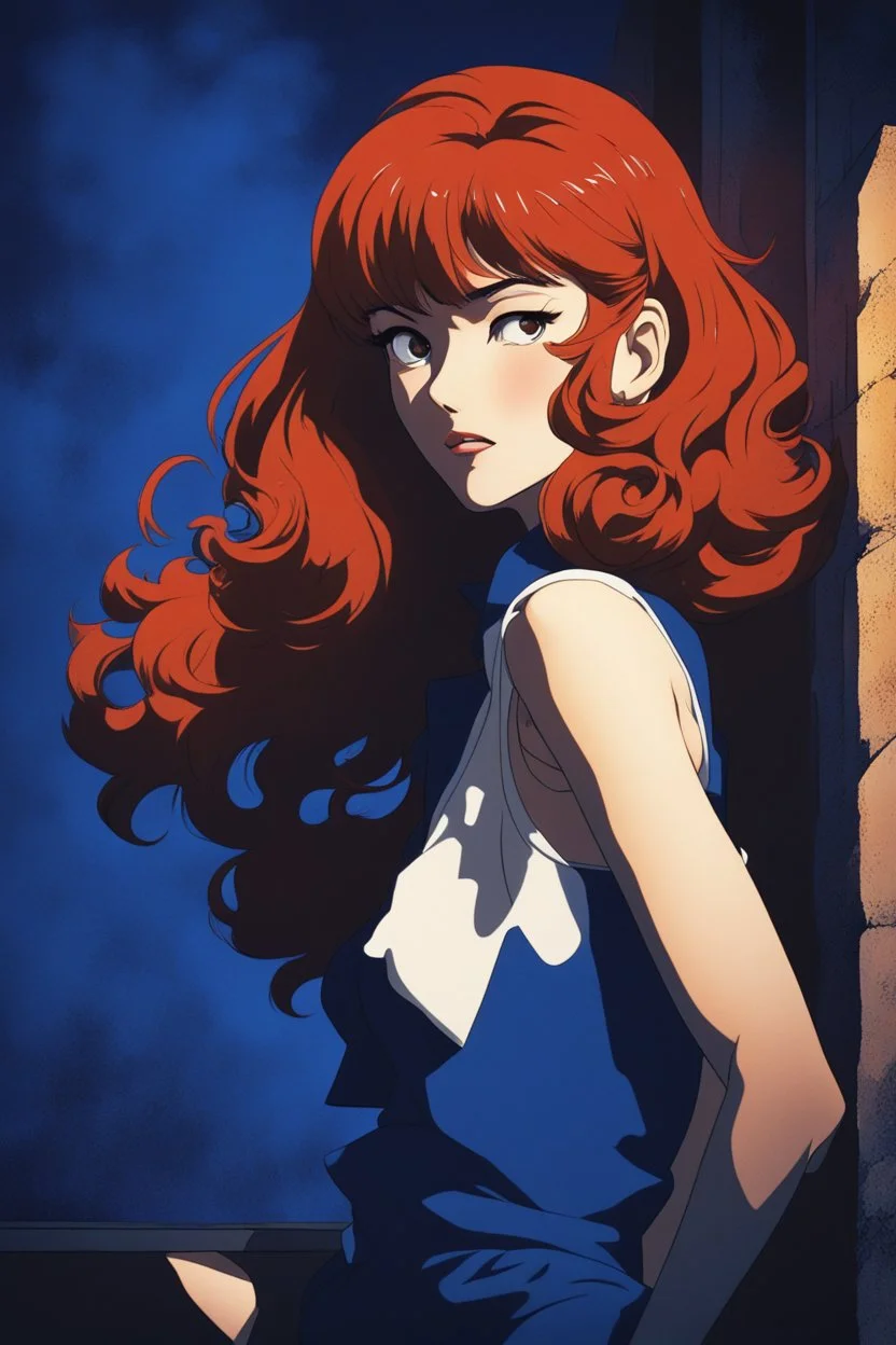 Create an intense, evocative portrait of the thief Mine Fujiko of Lupin 3 a woman in the Japanese retro anime style of the 90s and 00s. The scene features a red haired female bathed in deep blue light, leaning against a wall with her arms raised, brown eyes in a moment of raw emotion. Her attire is minimal, accentuating the curves of her body and the dramatic shadows cast by the lighting. The background is stark, with sharp contrasts highlighting the contours of her form. The blue and black pale