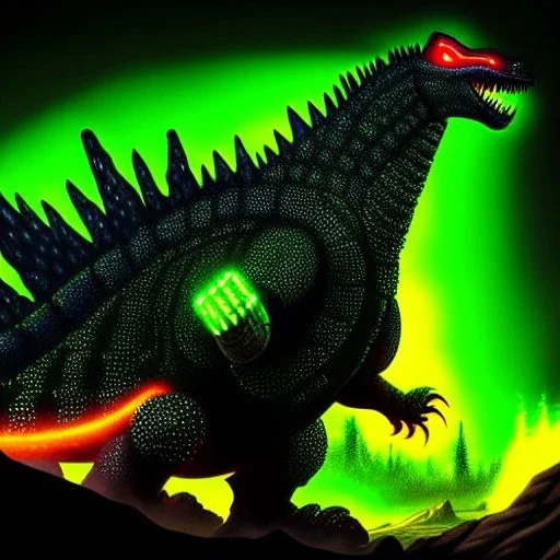 ultra detailed fullbody Drawing of Mech Godzilla ,with glowing Green eyes, extremely detailed digital painting, intrincate, extremely detailed face,crystal clear Big eyes, in the style of Pixar and Caravaggio, mystical colors , perfectly centered image, perfect composition, rim light, beautiful lighting, 8k, stunning scene, raytracing