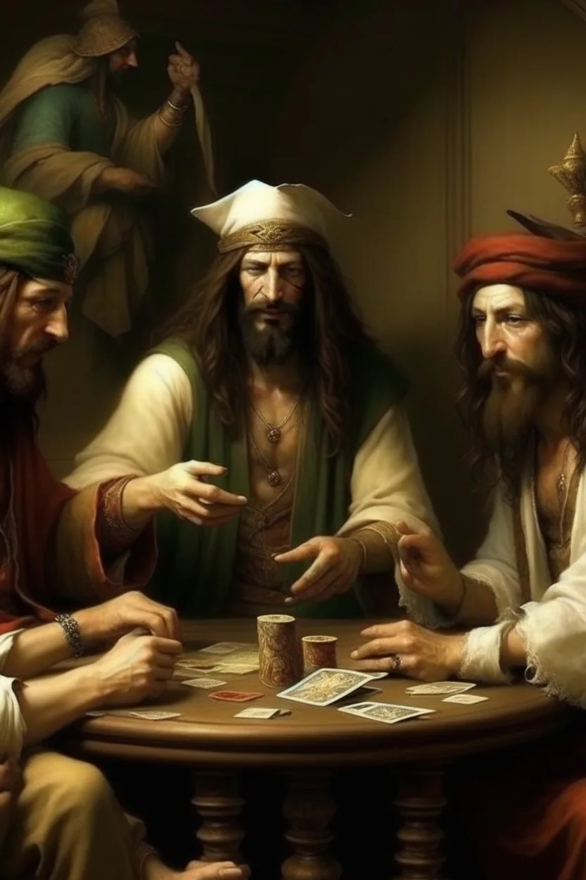 Jesus and some pirates friends smoking and playing cards, davinci.