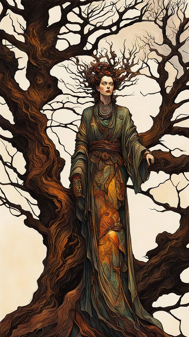 Egon Schiele, Abraham Rattner style abstract expressionist, full body comic book illustration of a pagan druid priestess, bristlecone pine sculpture , dark and dry branches, harmony, intricately detailed, highly detailed facial features, ethereal, elemental, otherworldly, the smell of the ancient essence of eternity in vibrant natural color