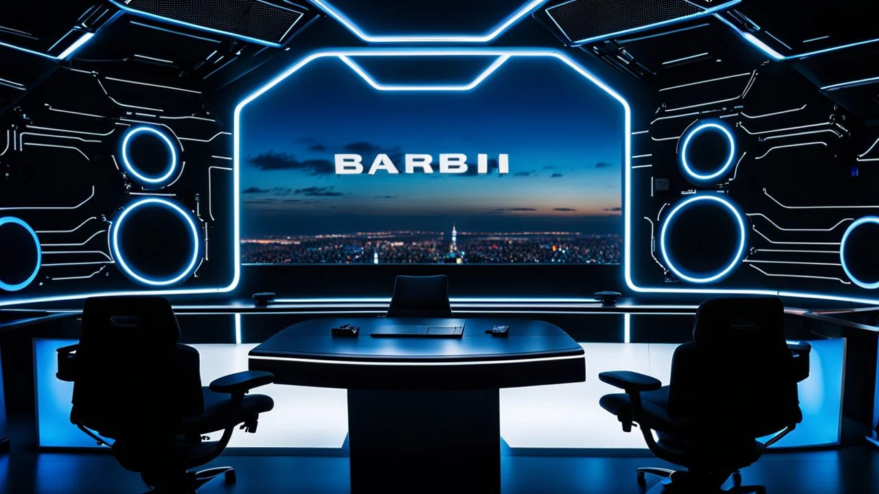 photo from a black producer chair siluette in a futuristic cybertech studio, around many monitors and circle windows to the sky, the inscription capture word text on the back of the chair "Barbi", Professional photography, bokeh, natural and blue-white lighting, perfect shot, sharp focus, professional photo