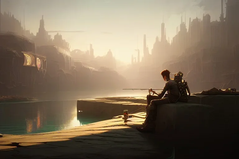 An extremely detailed, exquisite painting of boy sitting fishing surrounded cyberpunk dessert