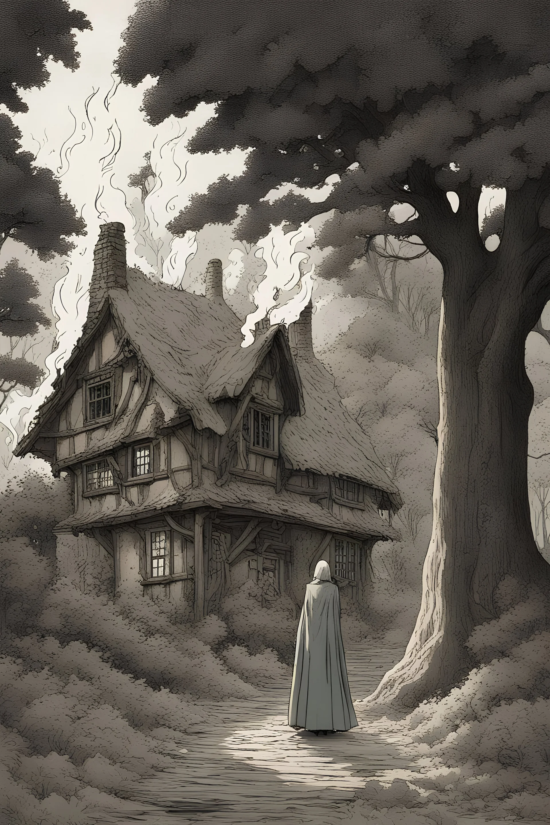 In the heart of a dense, ancient forest, a medieval cottage stands engulfed in flames, its timeworn timbers crackling and sending plumes of smoke into the sky. In the foreground, a mysterious woman in silhouette stands, the house is melting like candy. a woman in a cloak hides behind a tree.