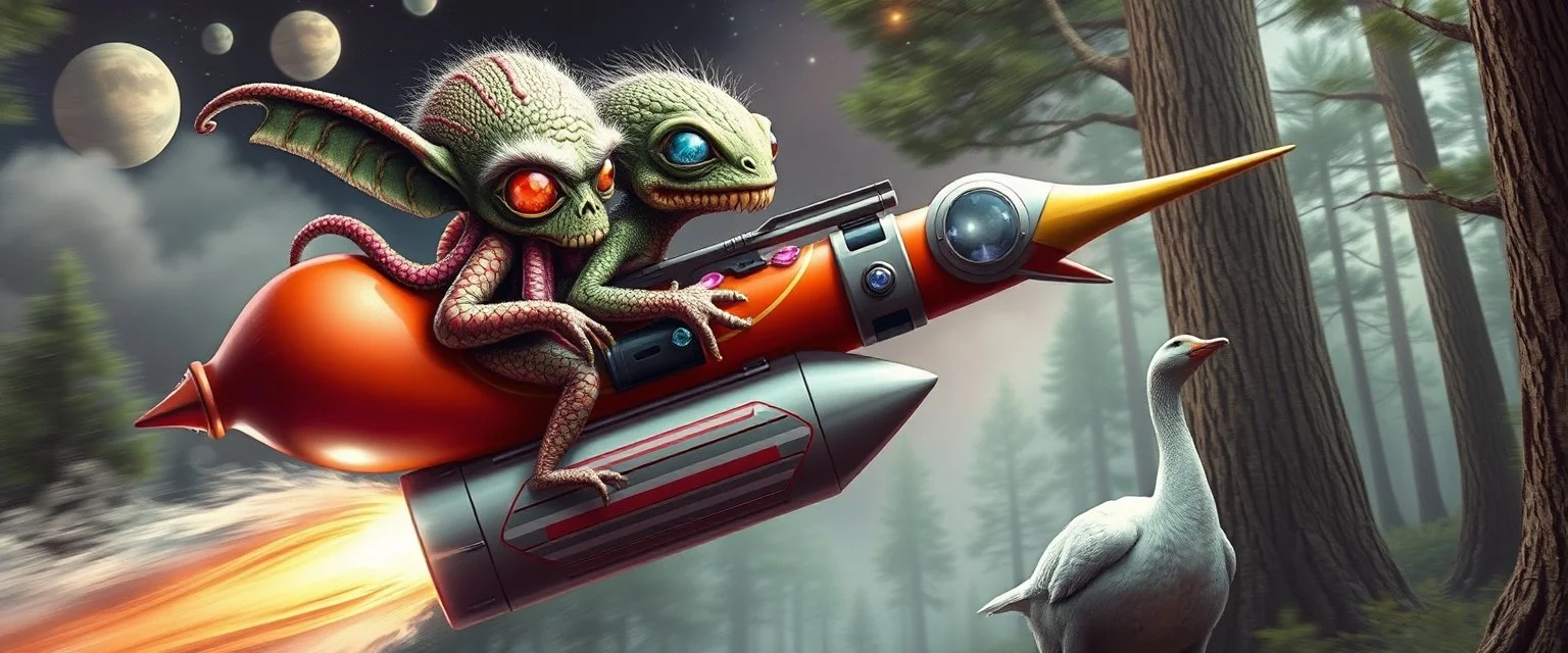 hairy macho gremlin octopus lizard alien couple living in a hi tech marvellous hot dog art graphics and gems on rocket with a mounted sling shot mega harpoon, heading for venus , background motion blur and smoke swirls, and cheeky goose elephant through giant forest with thick tree stumps and grainy textured trees