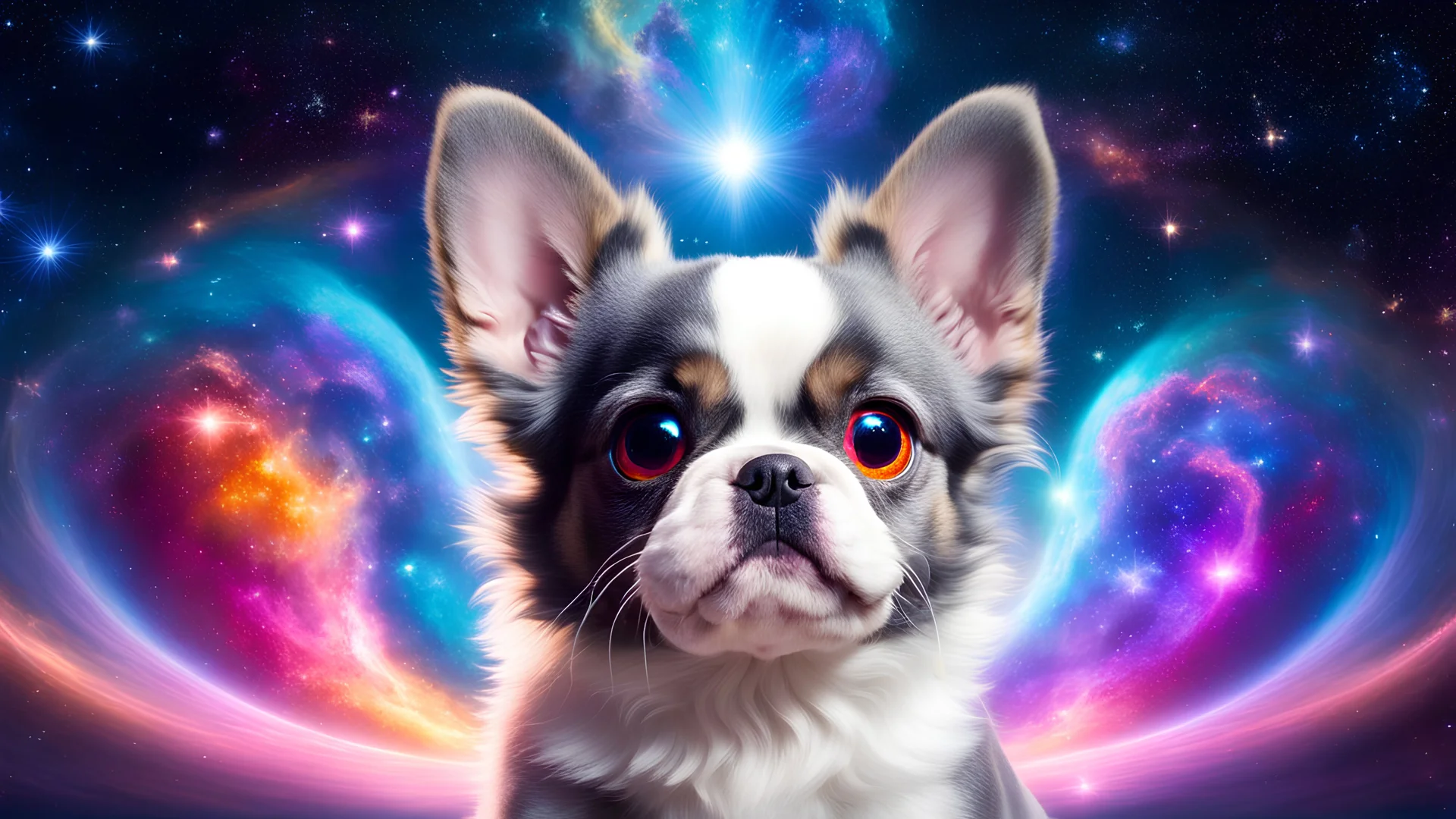 fluffy extra large eyed happy puppy gray-white frenchton in the distance a colorful intricate HEART shaped space portal similar to earth in a brig ażht nebula. sparkles. Cinematic lighting,vast distances, swirl. fairies. magical DARKNESS. SHARP. EXTREME DEPTH. jellyfish, cinematic eye view