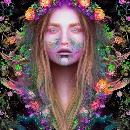 perfect long-haired woman, perfect eyes, full face tattoo of flower art and trees extending past face and morphing into galaxy, 8k resolution, high-quality, fine-detail, intricate, digital art, volumetric lighting