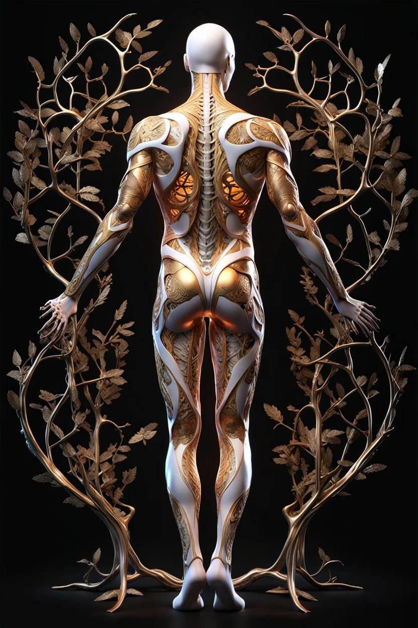 3D rendering of Expressively detailed and intricate of a hyperrealistic “human body”: side view, scientific, single object, glossy white, shinning gold, vines, tribalism, black background, shamanism, cosmic fractals, octane render, 8k post-production, detailled metalic bones, dendritic, artstation: award-winning: professional full body : atmospheric: commanding: fantastical: clarity: 16k: ultra quality: striking: brilliance: stunning colors: amazing depth