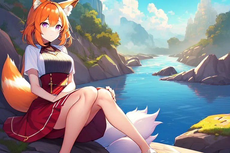 Girl, fox ears, one big fox tail, orange hair, red skirt, river, fox foot , sit on the shore, purple fox eyes