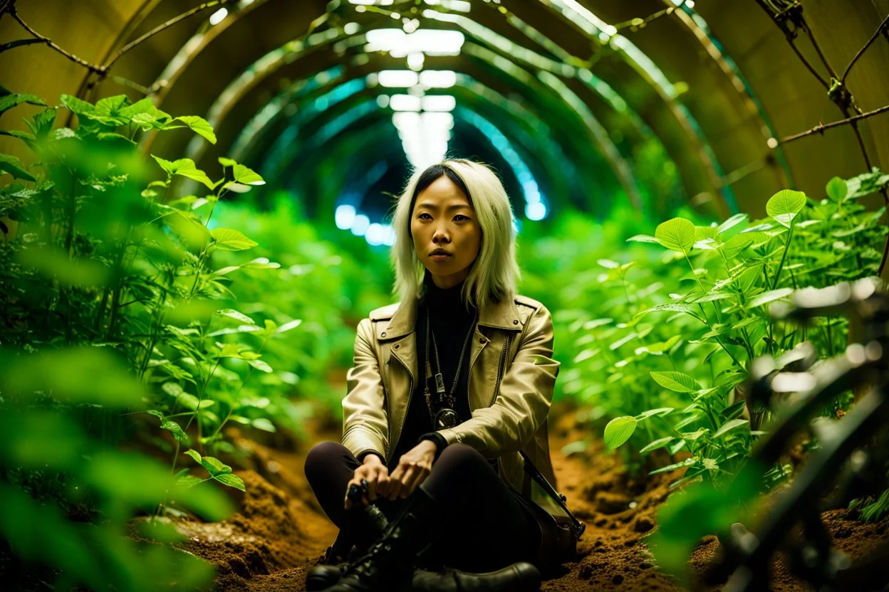 Unground solar punk tunnels, cinematic, extreme dof, dystopian, sci-fi, award-winning, Yui working hard in a garden, National Geographic, breath taking, oxygen farm but outside is a desert, fantasy, magical, geometry