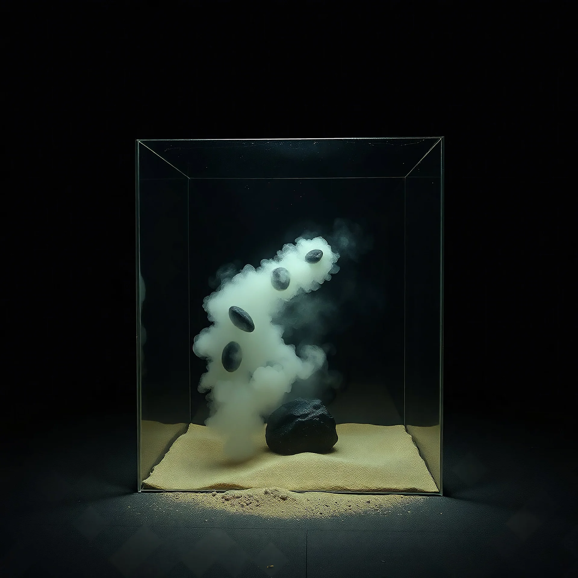 A photo of a dark, closed environment in a dark open space. Splop, splimapys, orero dream. At the center, a transparent plastic made of plexiglass encloses a misty sfluv. There are dark stonks. The surface below appears to be spanf, with small accumulations of sand. In the background, other forms or structures are visible, some of which are dark and organic in appearance. The image has a glossy finish and was shot with a Hasselblad H6D-400c.